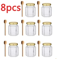 Hexagon Mini Glass Canning Jars with Gold Lid for Wedding Favors, Baby Shower, Honey, Wooden Honey Dipper(8 pcs)