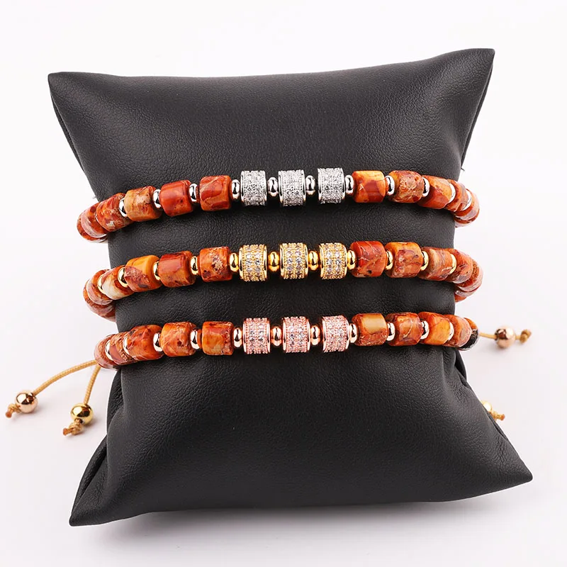 New Fashion Women Bracelet Natural Stone Orange Imperial Jasper CZ Pave Charm Macrame Bracelet Women Men