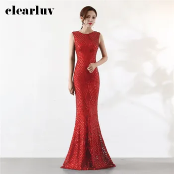 

Sequined Formal Party Dress Floor Length Prom Dress Red O-Neck Robe De Soire DX377 Plus Size Elegant Slim Mermaid Evening Dress