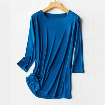 

Women's Silk T-Shirts Summer Tops 100% knitted Silk Boat-Neck 3/4 Sleeve Casual tshirt Comfy Soft Tee plus size 3XL