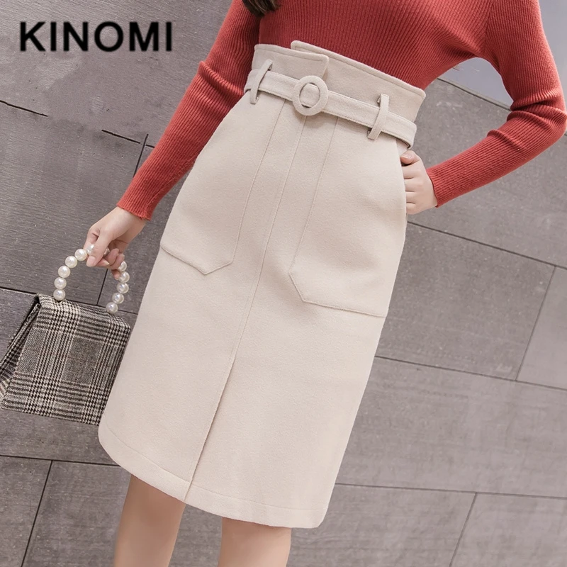KINOMI осень зима Для женщин юбка Повседневное шерстяное платье футляр Миди юбки