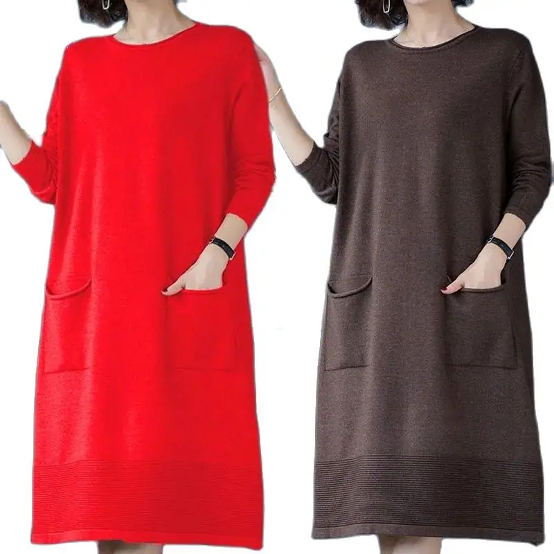 

2022 XL-6XL Dress Mother Wear Fertilizer To Increase Knit Dresses Autumn Winter Long Loose Over The Knee Sweater Dress Women