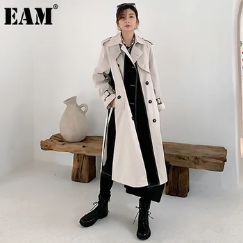 

[EAM] Women Beige Contrast Color Big Size Trench New Lapel Long Sleeve Loose Fit Windbreaker Fashion Spring Autumn 2020 1DC545