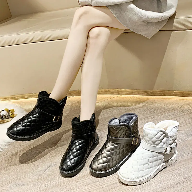 

2019 Winter NEW Women Ankle Snow Boots Plush Warm Shoes Naked Boot Black White with Buckle Round Toe One Size Small