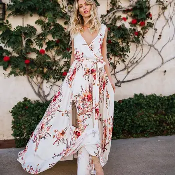 

hirigin White Floral Boho Maxi Dress Summer Sexy Sleeveless Slit Floor Length Wrap Beach Party Dress Female Casual Sundresses