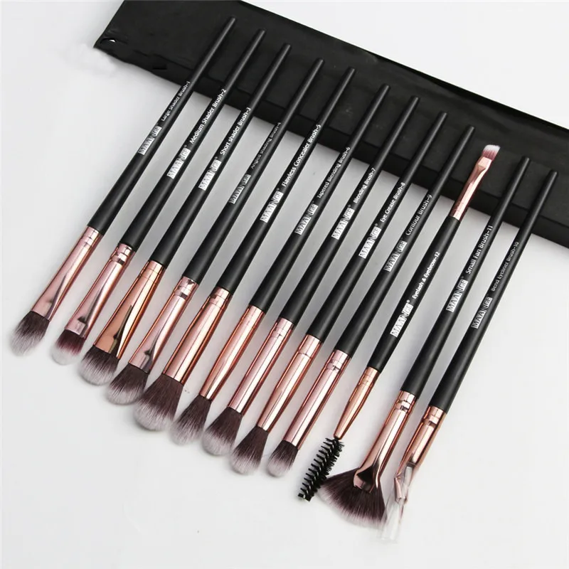 12PCS Luxury Makeup Brushes Set Professional Make up Brush Blusher Eyeshadow Blending Eyeliner Eyebrow Brush For Makeup Tool - Handle Color: Black-Rosegold