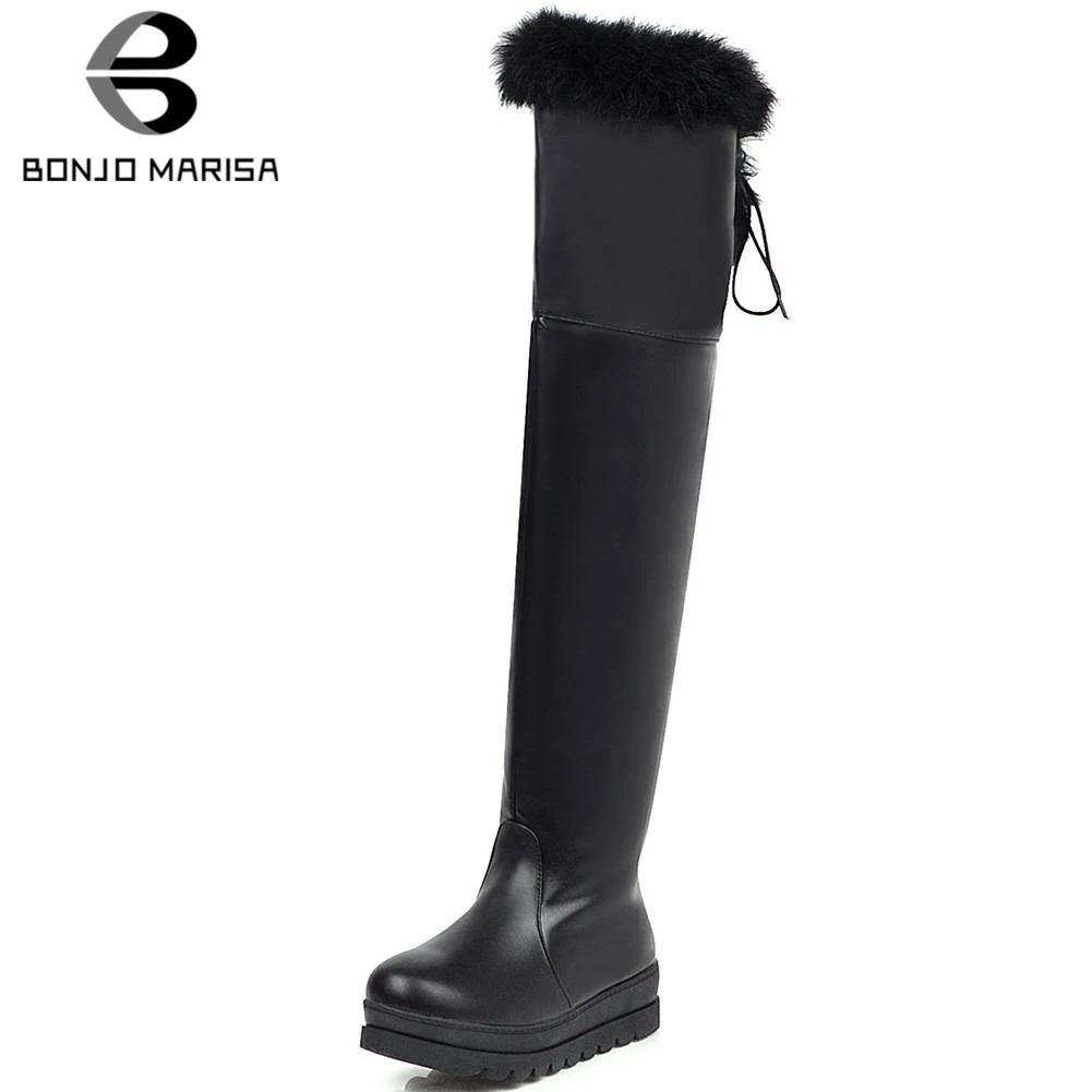 

BONJOMARISA New 34-43 Winter Warm Knee High Boots Women 2019 Casual Flat Platform Fur Boots Ladies Wedges Shoes Woman