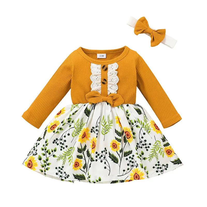Autumn Toddler Baby Girl Dress + Headband Long Sleeve Floral Dresses