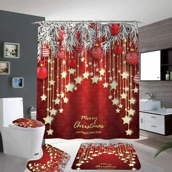

1/3/4Pcs Merry Chriastmas Curtain Set 180x180cm Shower Curtain Toilet Cover Mat Non-slip Rugs Bathroom Christmas Decoration