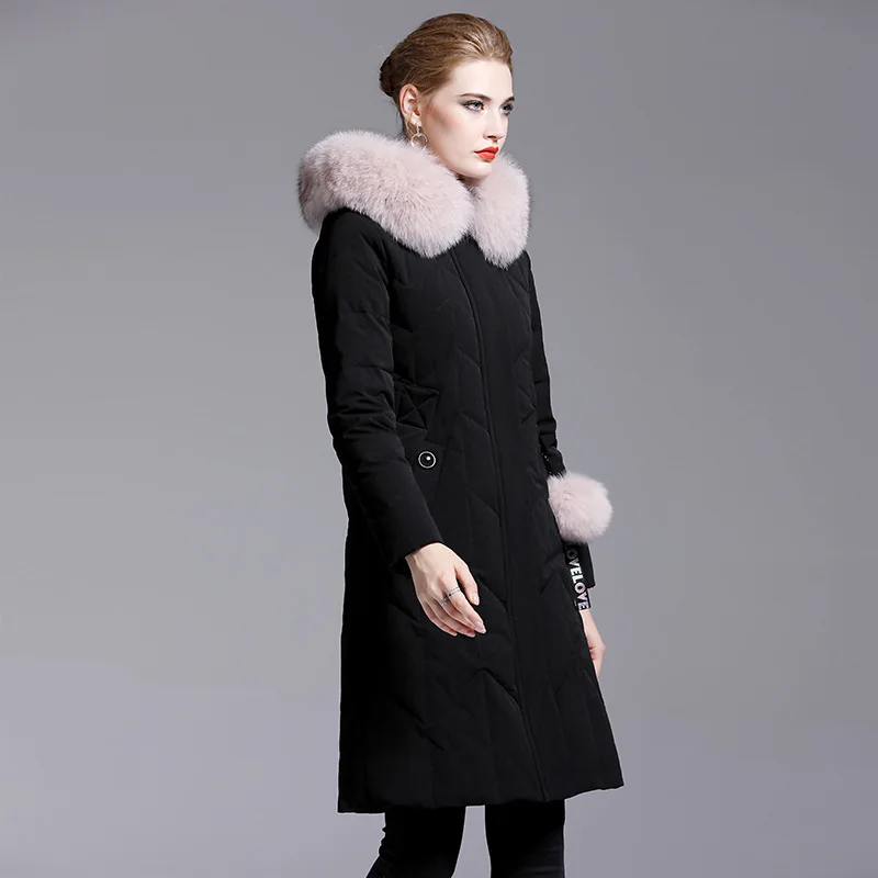 winter new down jacket women's thickening fashion temperament slim 90 down medium length large wool collar coat 402 - Цвет: Черный