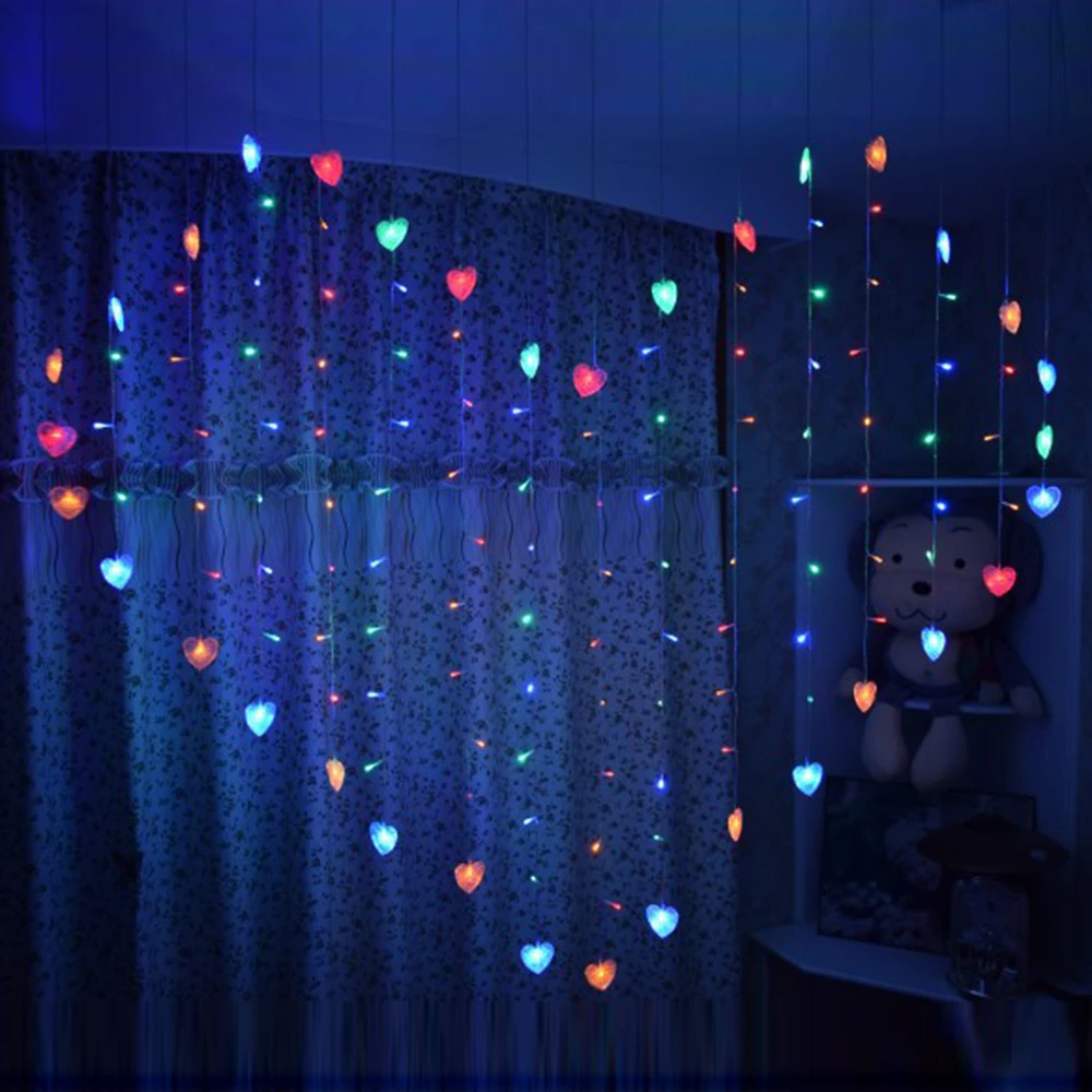 Heart Style LED Window Curtain String Lights LED Heart Lights for Wedding Valentine Day Party Bedroom Indoor Decoration 6 Colors