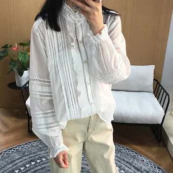 

Women's Solid Color Hollow Out Blouse Black And White Ruffles Long Lantern Sleeve Sweet Fresh Shirt 2020 Spring And Summer New