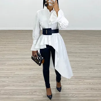 

Asymmetric Ruffles Long Blouse Shirt White Women Elegant Office Ladies Work Wear Tops Long Sleeve Irregular Plus Size 3XL Blouse