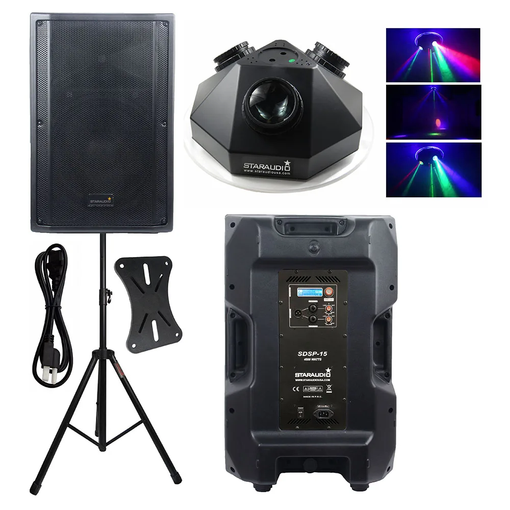 

STARAUDIO 4500W 15" Powered Active DJ PA DSP Speaker System DJ PA Audio Speaker Stand 2 in 1 KTV Stage Party Laser Light SDSP-15