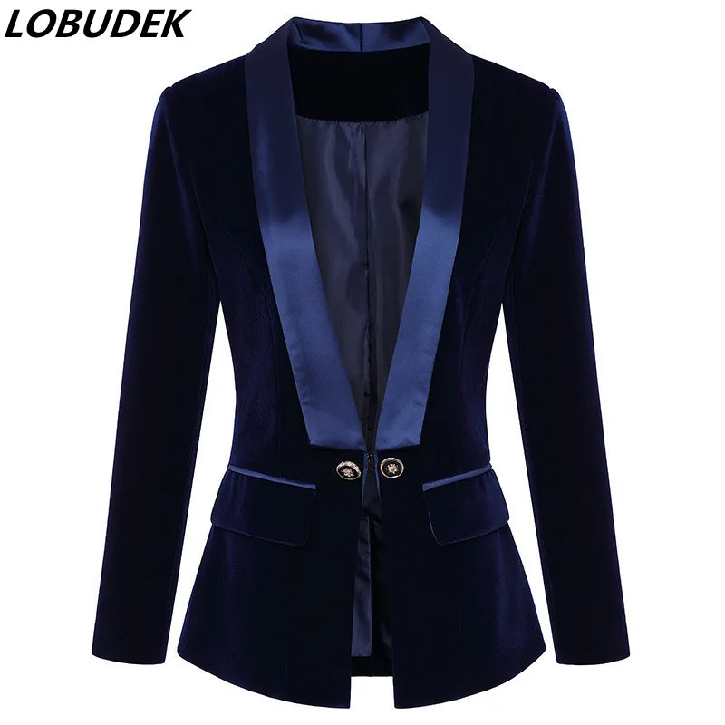 

Autumn Winter Women Royal Blue Velvet Slim Blazer Fashion Suit Jacket Solid Color One Button Coat Black