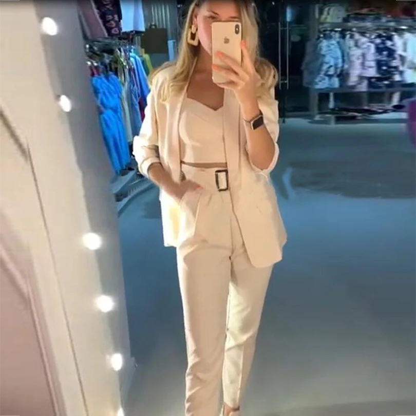 Taotrees Women's Solid Color Blazer Pant Suits Office Lady Jacket and Sling Tops and Trouser Workwear Three Piece Sets