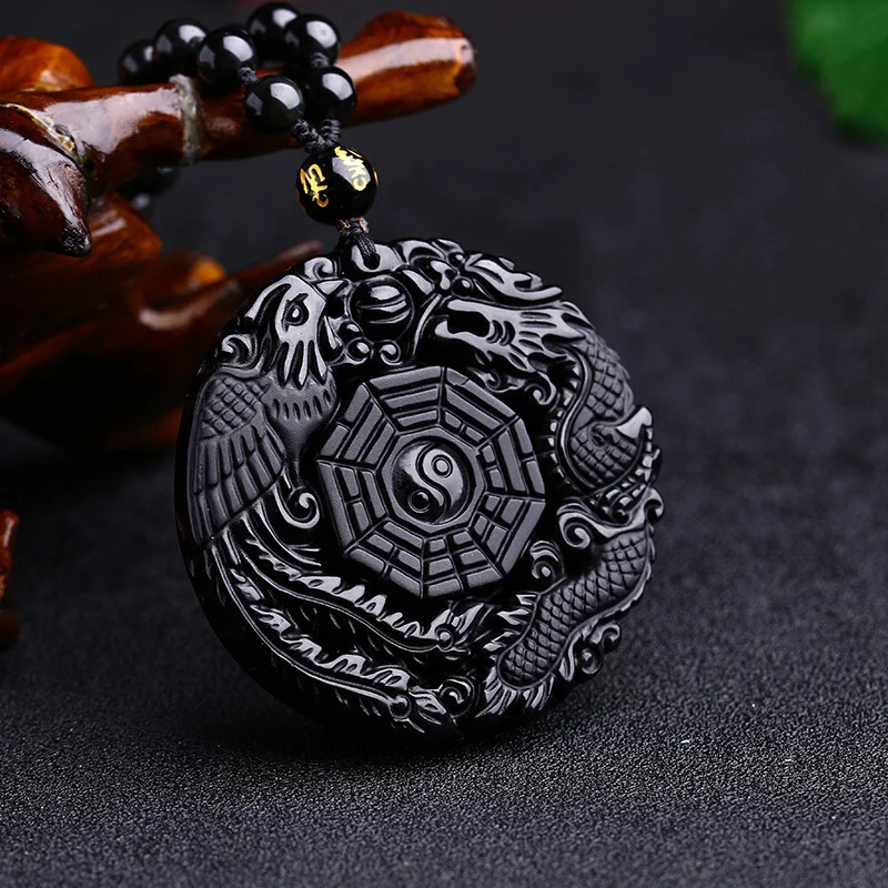 Природный Драгон obsidiano y воротник Феникс colgante de Jade suerte colgantes с счетами cadena Joy