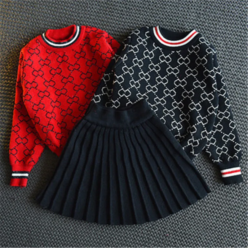 Модный свитер для девочек, свитер с геометрическим рисунком+ вязаная юбка, детская одежда, комплект одежды для девочек, детский праздничный костюм