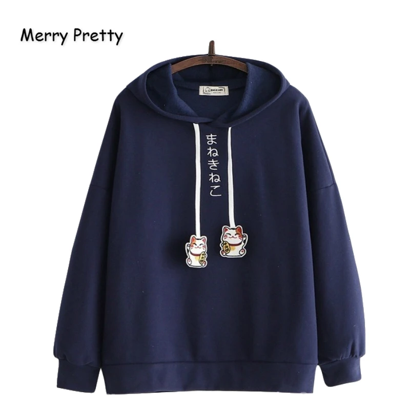 Merry Pretty женские толстовки с мультяшной вышивкой на шнурке, толстовки зимние с длинным рукавом плюс бархатные пуловеры с капюшоном