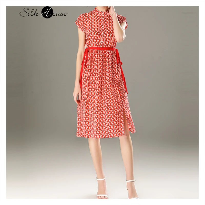 

Silk Short-Sleeve Dress Women's Silk Young Elegant Stand Collar Red Cell Pattern Color Matching Waist Hugging Lace-up Dress