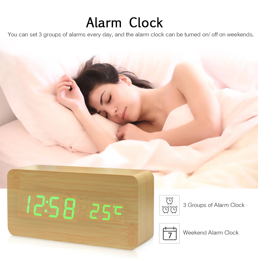 

USB Charge or Battery Supply Electronic LED Digital Wooden Alarm Clock Temperature/ Date Display Desktop Clock Voice Control