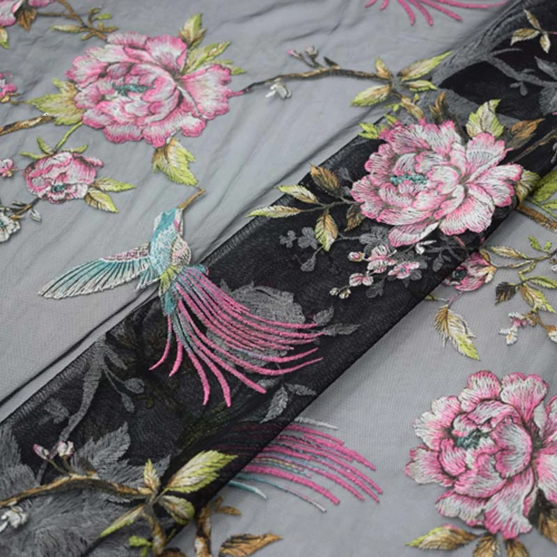 Black bottom birds mesh embroidery lace fabric for dress bazin riche getzner tissu telas por metro 3