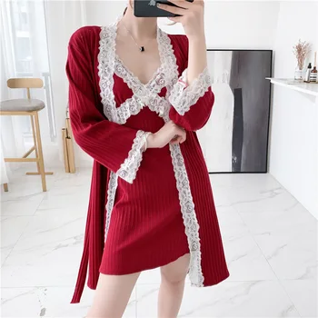 

2PCS Women Kimono Bathrobe Gown Cotton Sleep Set Sexy Home Clothing Sleepwear Lingerie Lace Long Sleeve Nightwear Negligee