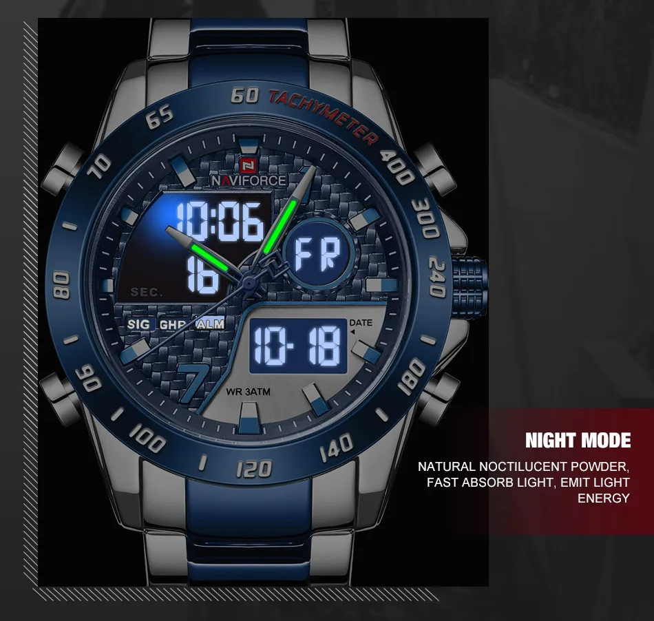 Naviforce Luxury Mens Quartz Digital Sports Watch Militarystyle Steel Strap Masculine Wrist Clock - 3
