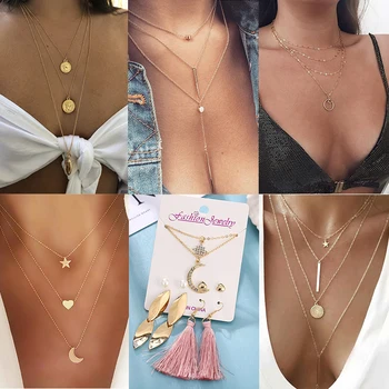 

17KM Multilayer Crystal Moon Star Gold Necklace For Women Fashion Bijoux Eight star Pendants Necklaces 2020 Vintage Jewelry