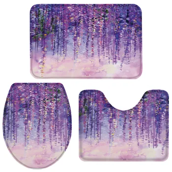 

3 Pieces Bathroom Set Oil Painting Purple Artistic Conception Bath Set Toilet Cover Mat Pedestal Rug Non-Slip Bathroom Rug Set