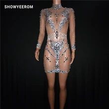 Кристаллы из эластичной ажурной красивое платье Вечеринка платья на день рождения, празднование костюм для выступления певца, одежда для выступления