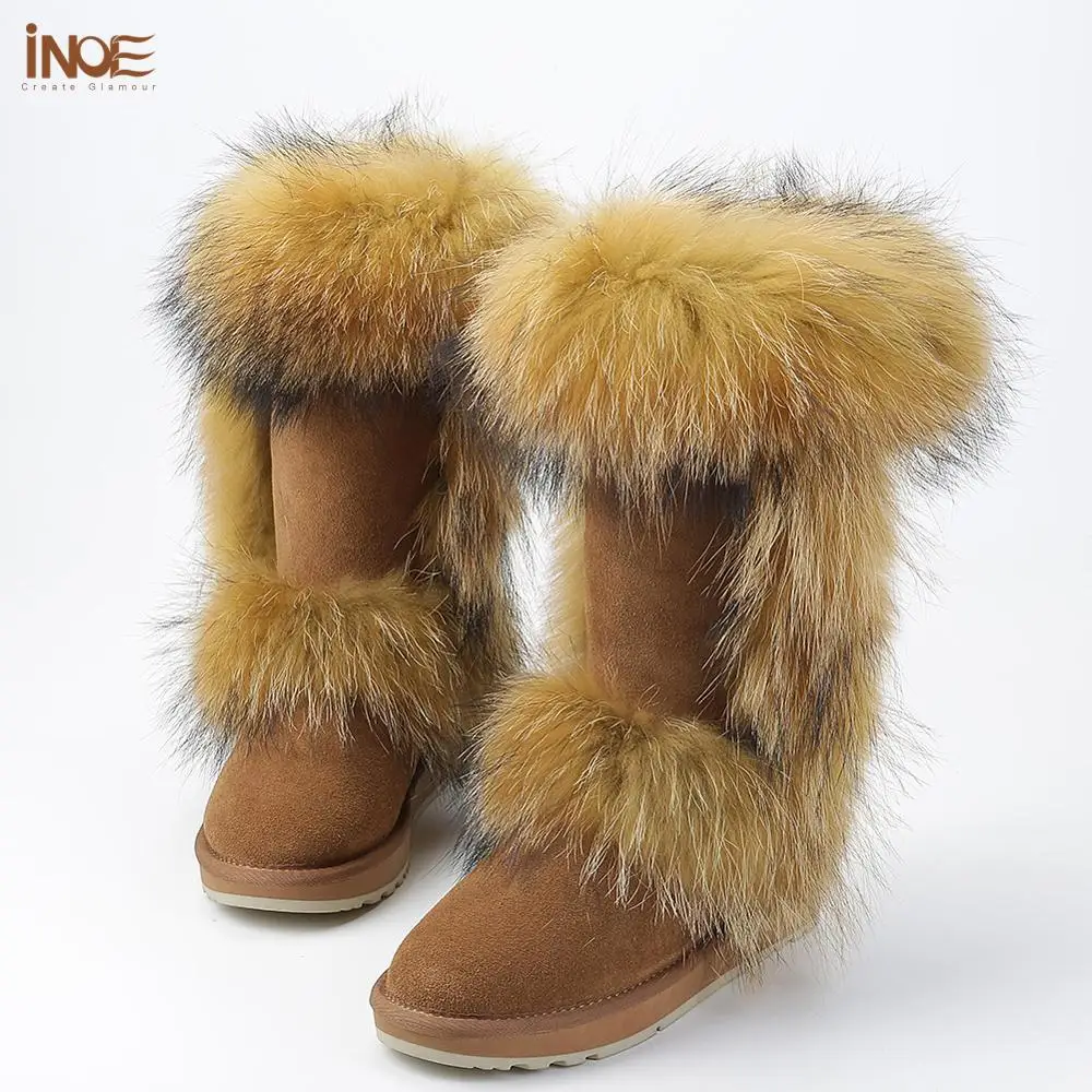INOE сапоги женские модные отделка натуральный Лисий мех сапоги натуральная коровья кожа замша женская тёплая обувь на снежную погоду зимняя обувь водонепроницаемые удобные ботфорты на плоской подошве высокое качество
