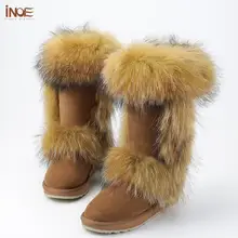 INOE сапоги женские модные отделка натуральный Лисий мех сапоги натуральная коровья кожа замша женская тёплая обувь на снежную погоду зимняя обувь водонепроницаемые удобные ботфорты на плоской подошве высокое качество