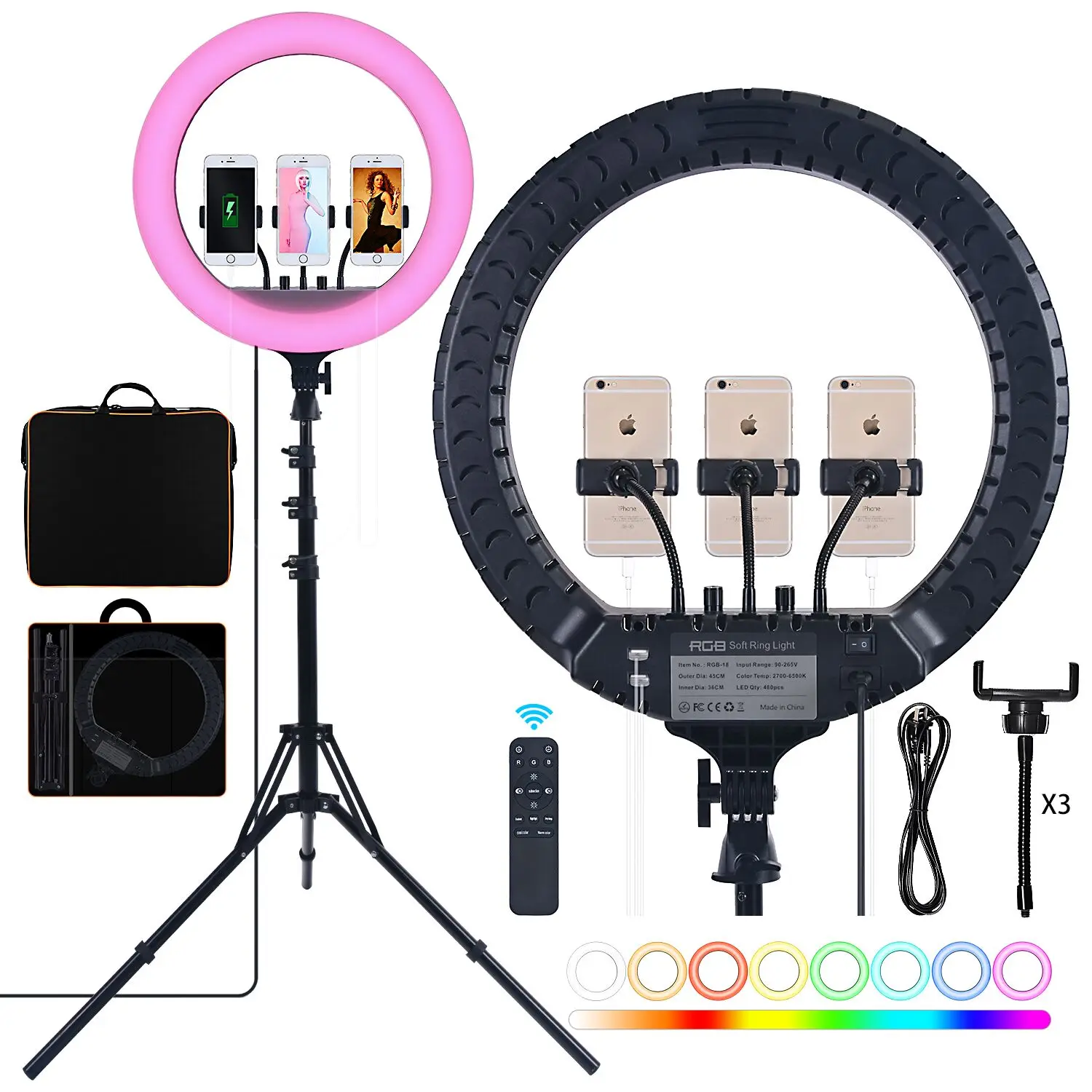 FOSOTO 18 Inch Led RGB Ring Light Photographic Lighting 2700-6500K Ring Lamp With Tripod and USB Port Ringlight For Phone Makeup