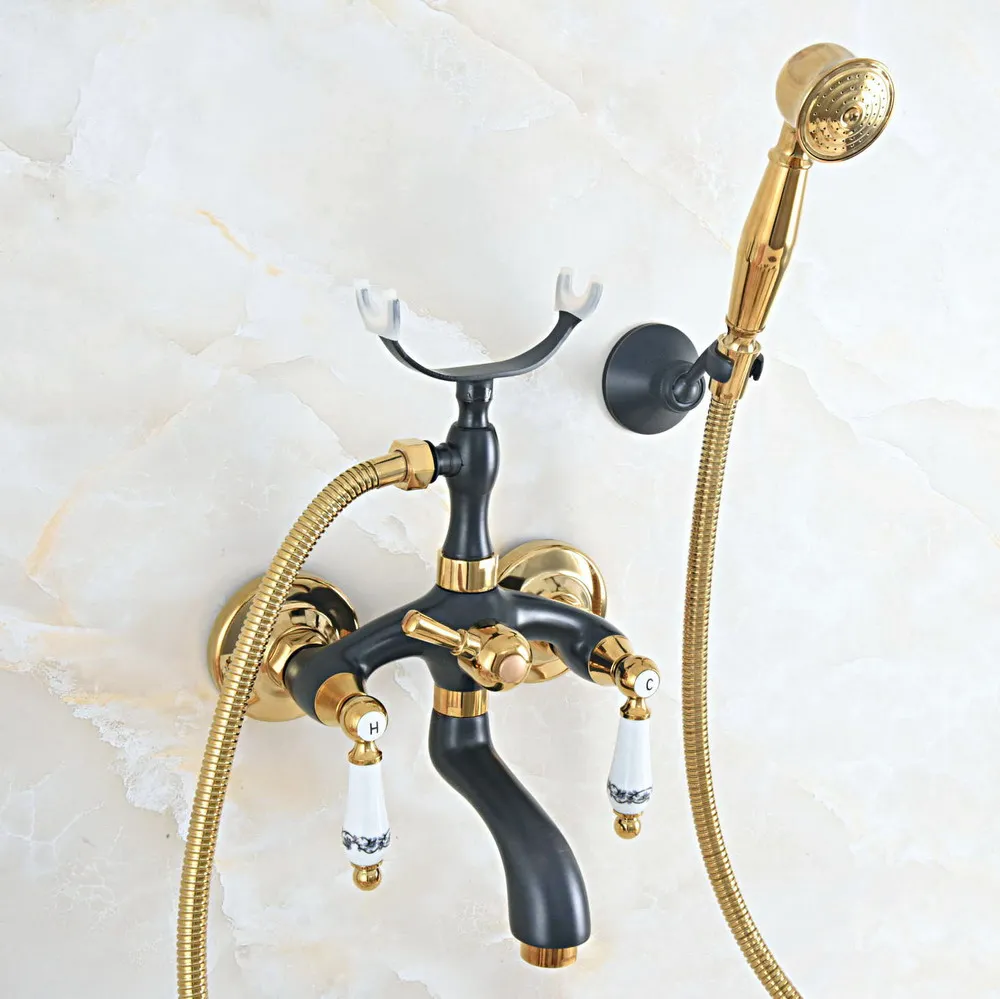 

Black Oil Rubbed & Gold Brass Wall Mounted Bathroom Bath Tub Faucet Set WITH/ 150CM Handheld Shower Spray Head Mixer Tap Dna550