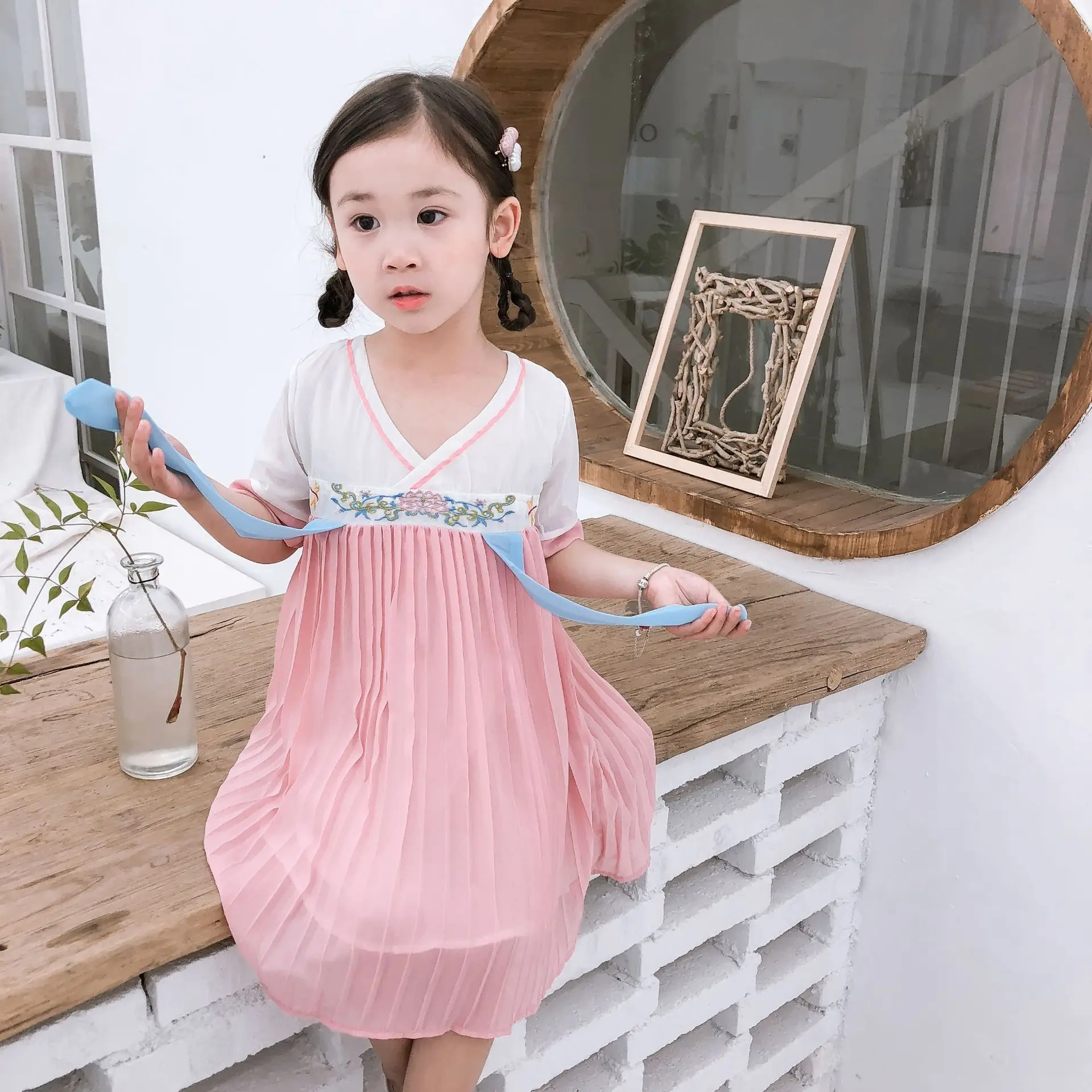 

Childrenswear 2019 Summer Girls Improvement Jacket Skirt Flower Embroidered Chinese Clothing Short Sleeve Chiffon Performance We
