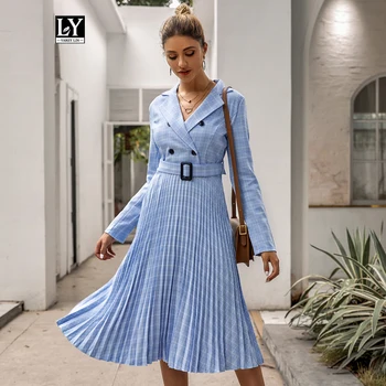 

Ly Varey Lin V-neck Plaid Blazer Dress Women Elegant Long Sleeve Button Pleated Office Ladies Belt Dress Autumn Winter Vestidos
