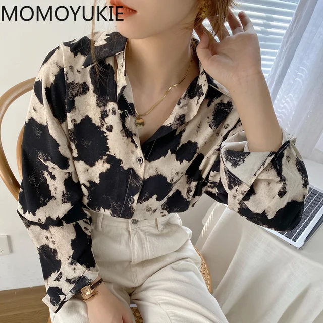 Cow Print Button Up Shirts Women Long Sleeve Blouse Korean Fashion Clothes Chiffon Streetwear Plus Size Tops Spring New 1