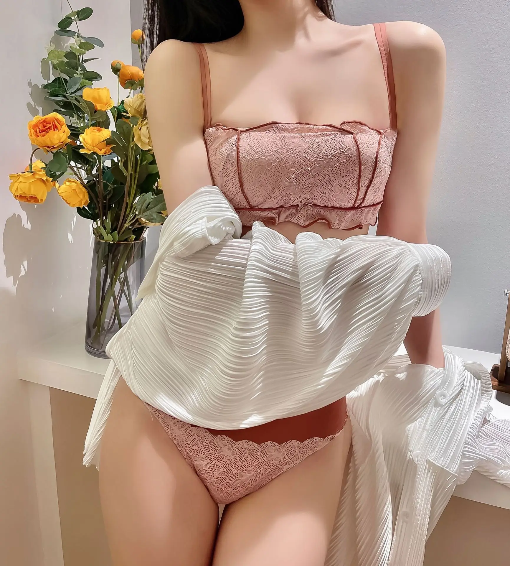 

New Japanese Bra Briefs Set Fashion Push UpComfort Brassiere Sexy Lace Underwear Female Small Chest Underwear Without Steel Ring
