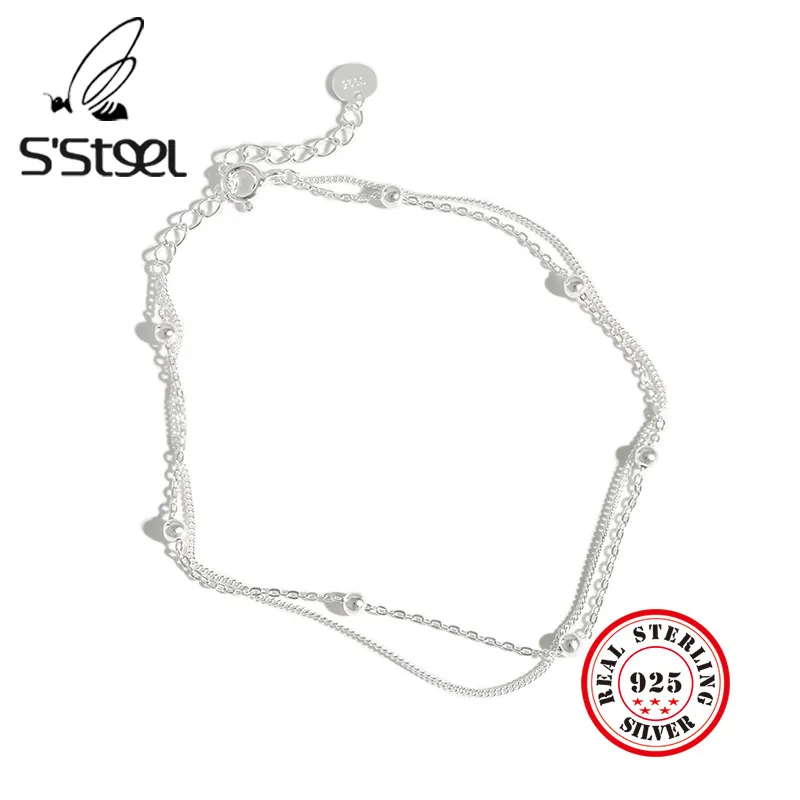 S'STEEL 925 Sterling Silver Anklets For Women Concise Beads Double-deck Chain Anklet Tornozeleira Feminina Boho Leg Fine Jewelry S'STEEL 925 Sterling Silver Anklets For Women Concise Beads Double-deck Chain Anklet Tornozeleira Feminina Boho Leg Fine Jewelry