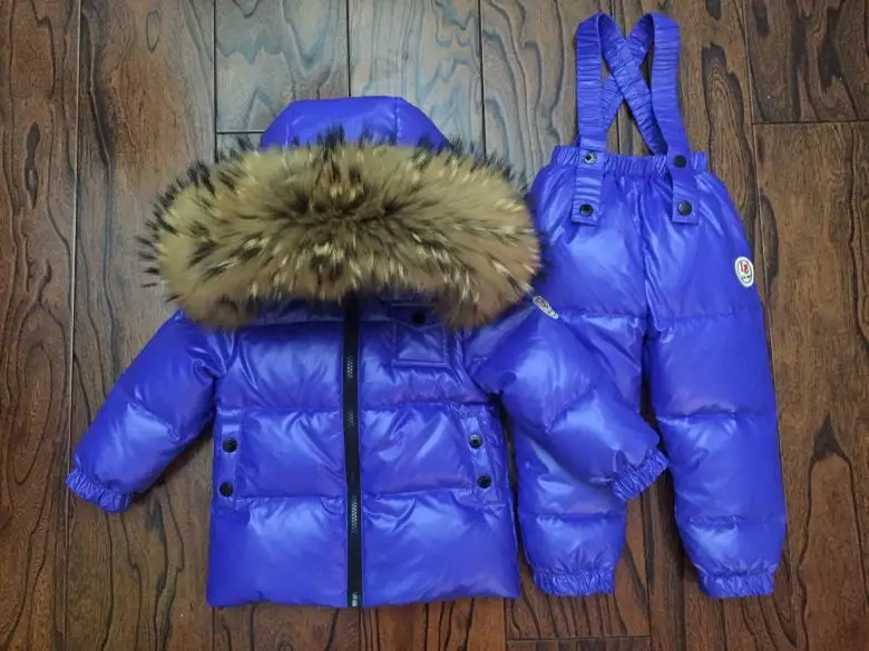 Русский зимний пуховый костюм супер теплые детские зимние костюмы куртка-пуховик для мальчиков и девочек+ комбинезон комплект одежды из 2 предметов, детская зимняя одежда - Цвет: bright blue