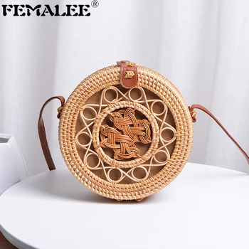 

20cm Round Hollow Out Bali Handmade Rattan Bags Weaving Bohemia Beach Straw Handbags Women Crossbody Shoulder Bag bolsa feminina