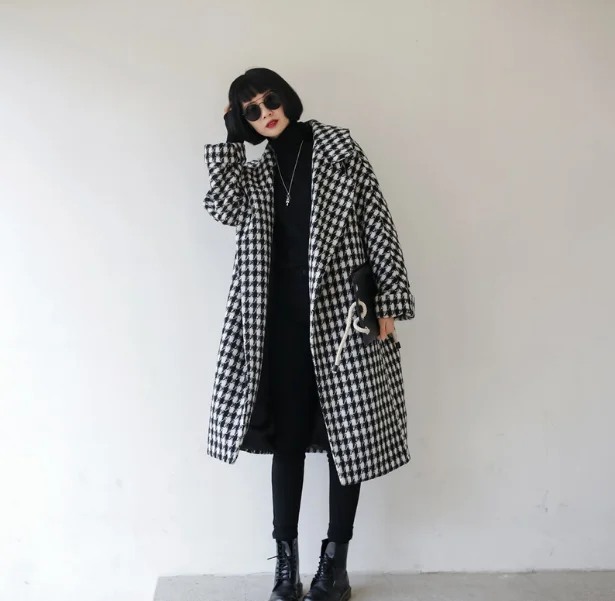 Зимнее шерстяное пальто средней длины в клетку; твидовое пальто с карманами; Casaco Feminino Abrigo