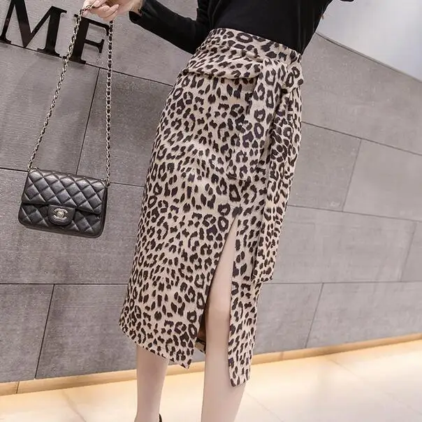 2020 Autumn Suede Skirt Women High Waist Woman Sexy Leopard Print Split Evening Party OL Office Work faldas saias DC532 | Женская одежда