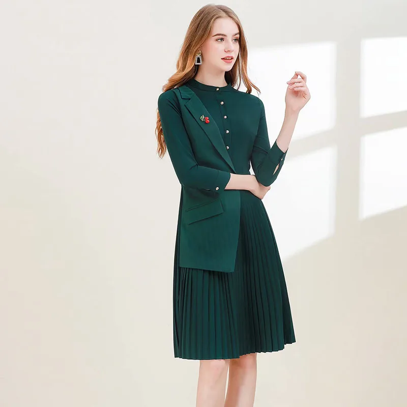 SEQINYY Dark Green Dress Summer Spring New Fashion Design Women 3/4 Sleeve Pleated Cherry Brooch Office Lady Dress