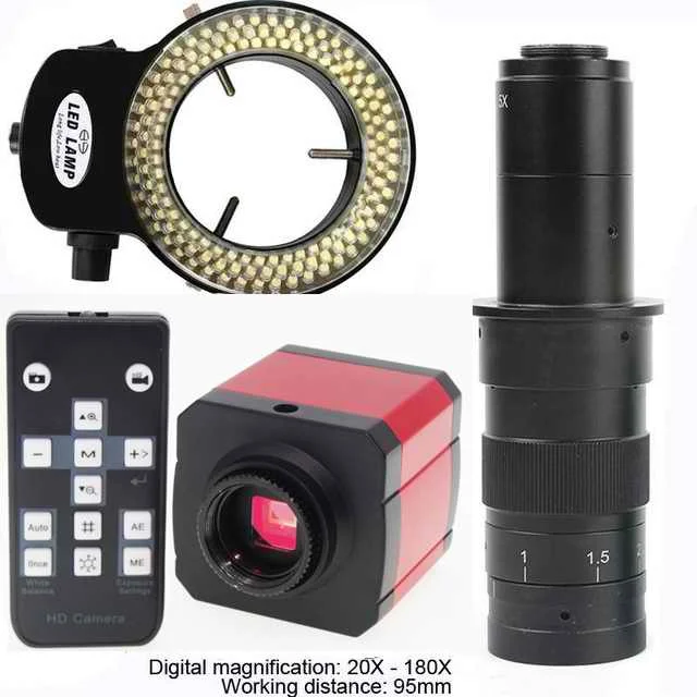 180X with Light Lens 24MP 1080P 60FPS HD HDMI USB промышленный лабораторный микроскоп Видео камера TF слот для карт C-Mount объектив 144 светодиодный кольцевой свет - Цвет: 180X with Light Lens