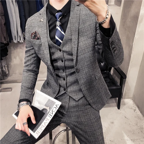 Men Grey Slim Fit Check Formal Three Piece Suit