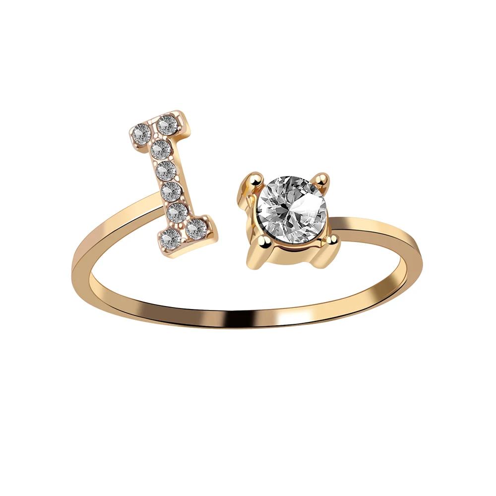 A-Z Letter Gold Silver Color Adjustable Opening Ring Initials Name Alphabet Rhinestone Female Finger Rings Party Jewelry Gift 
