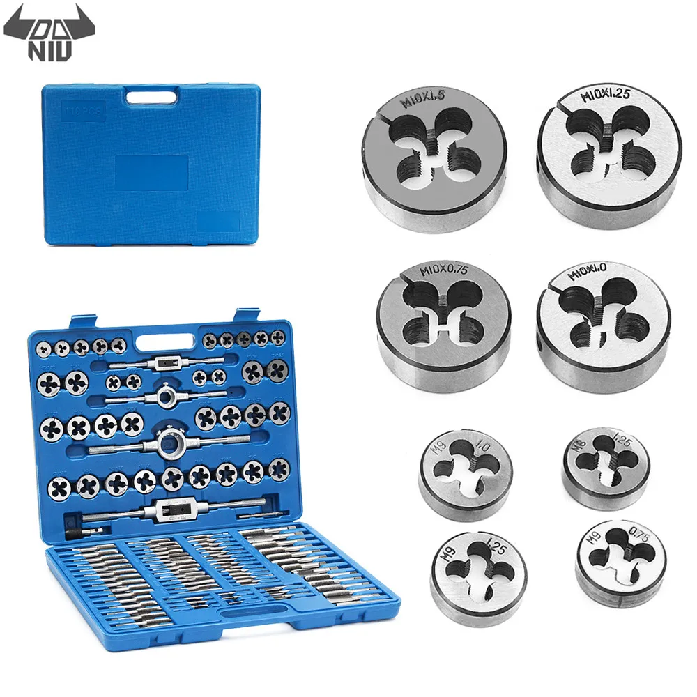 

DANIU 110pcs M3-M12 110-tlg Tap Hand Die Wrench Holder Set Thread Cutter Metric Carbon Steel Tool Maintenance Tools Taper Plug