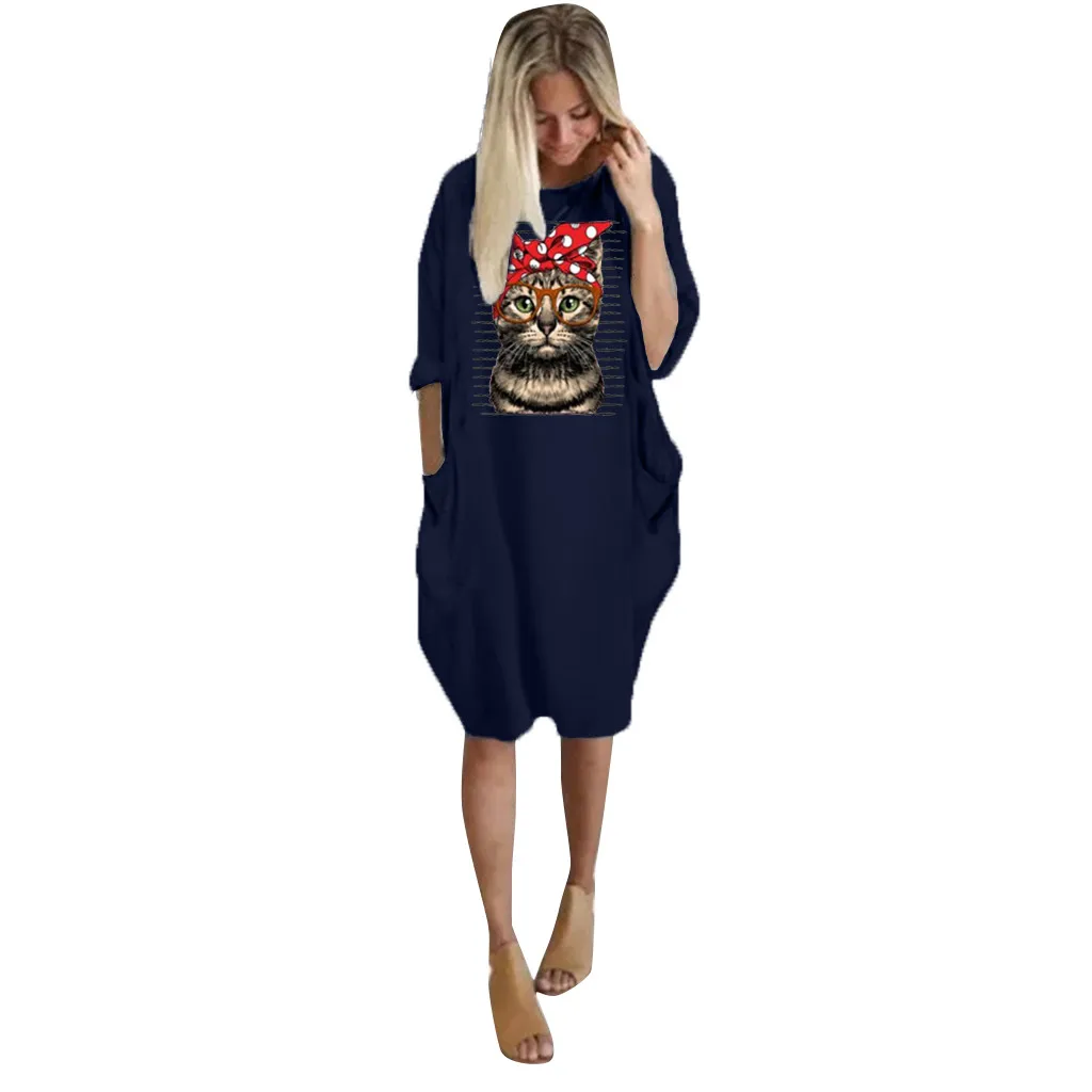 Cat Long Dress Women Plus Size 3XL O-Neck платье Summer Fashion HOT Long Sleeve Printed Short Mini Autumn A-Line Dress Wholesale